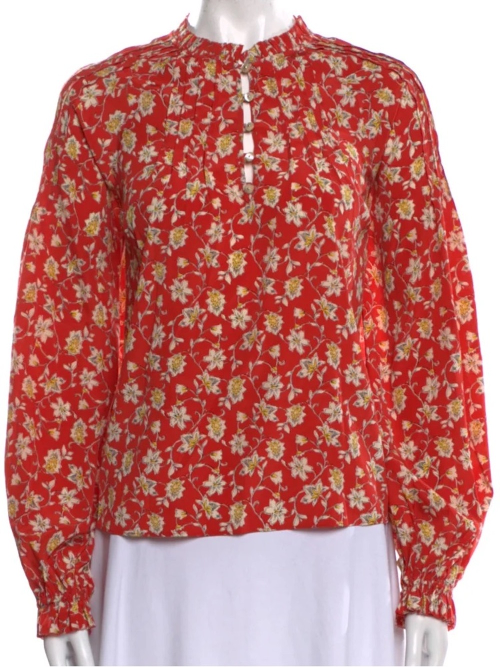 Veronica Beard Silk Floral Blouse Red Long Sleeve Ruffle Neck Size 6